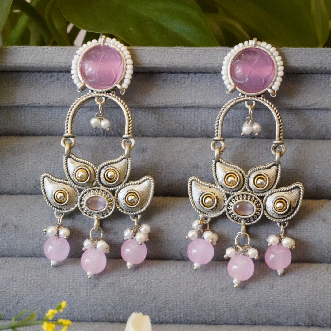 Large Dangler Statement Oxidized Earrings with Pink Jaipur Stone, Opulent Pearls n Crystal Beads