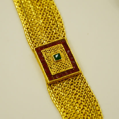 Combo - Slope Down Beaded Necklace Set in High Gold Plated Brass + 22K Gold Plated Ruby n Green Crystal  Bracelet