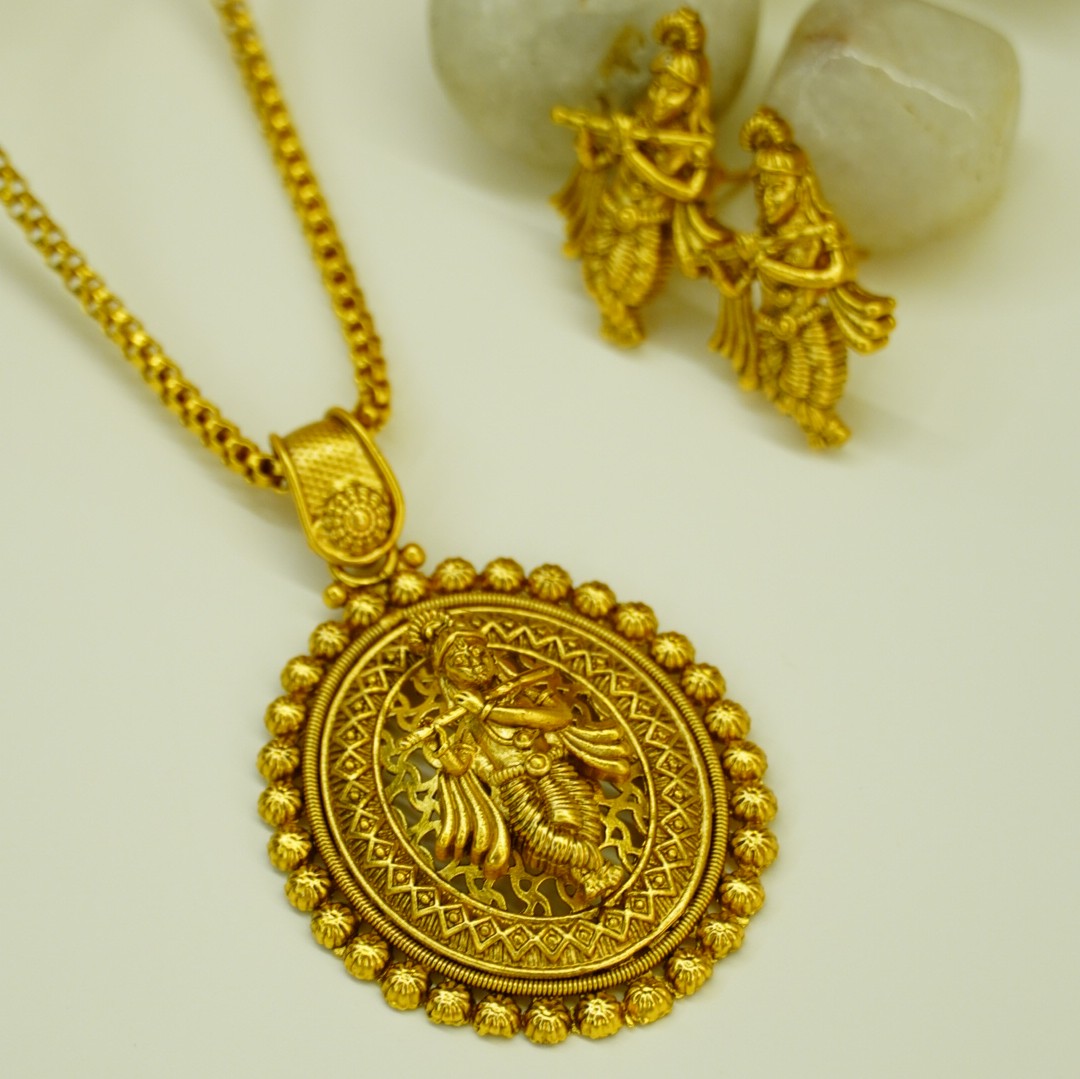 Krishna Pure Brass Matte Finish Gold Plated Temple Pendant Set