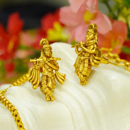 Krishna Pure Brass Matte Finish Gold Plated Temple Pendant Set