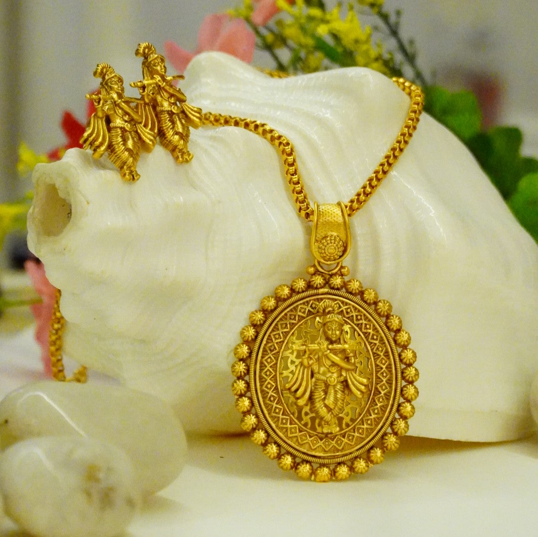 Krishna Pure Brass Matte Finish Gold Plated Temple Pendant Set