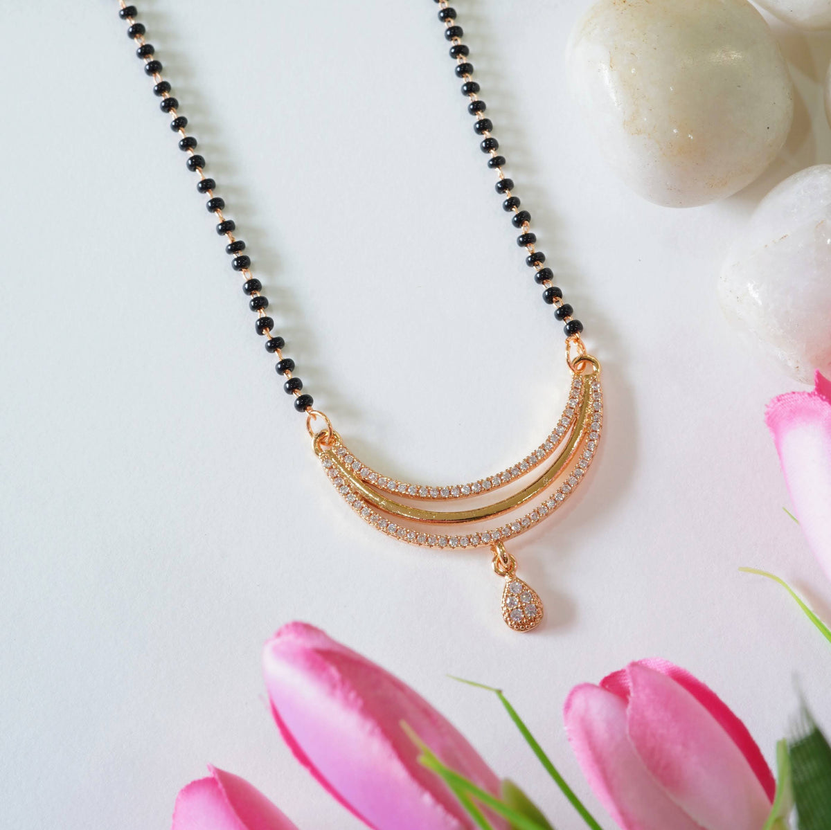 Rose Gold Linear Chain Mangalsutra with Triple Drop American Diamonds