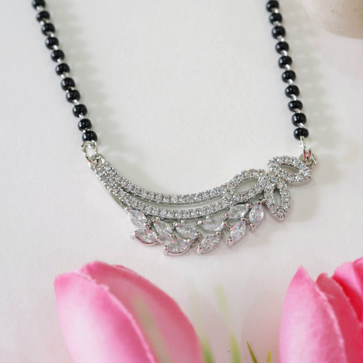 Rhodium-Plated Leafy American Diamond Mangalsutra