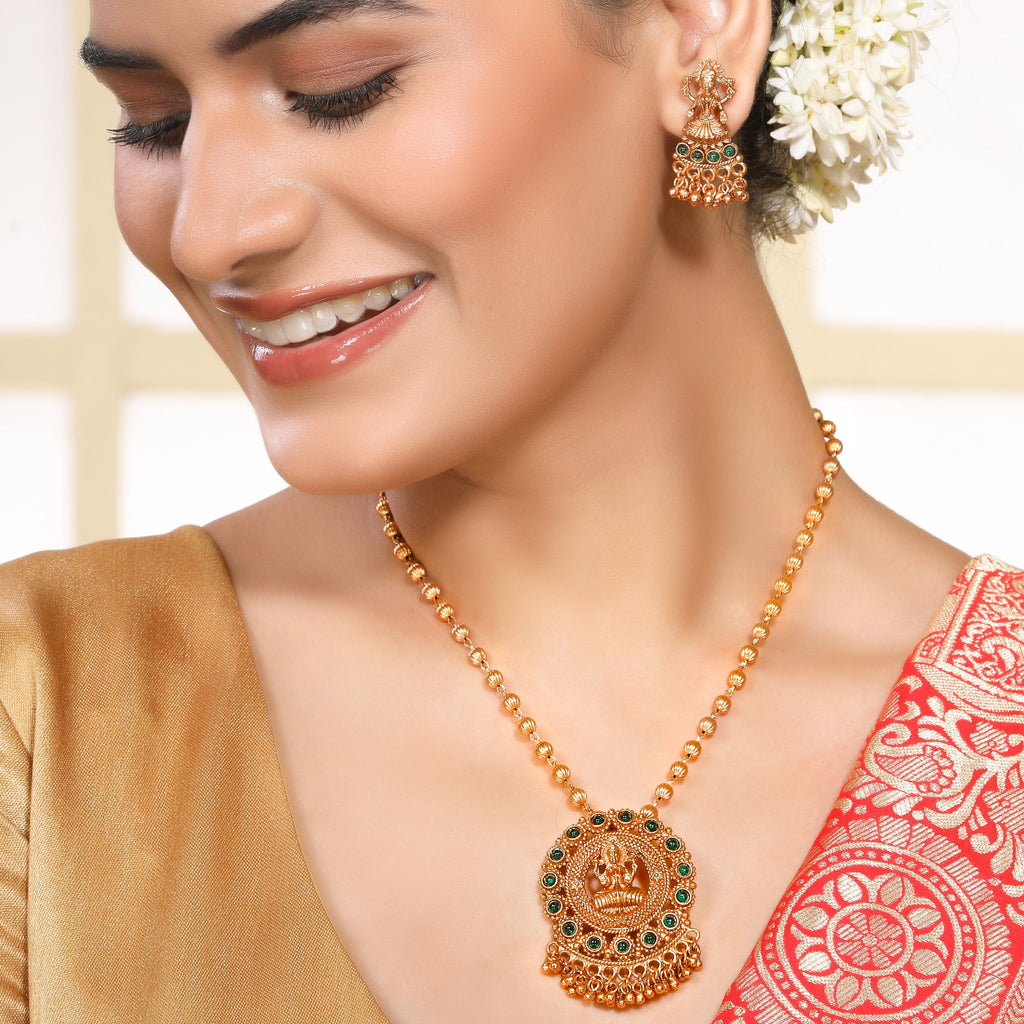 Matte Finish Gold Plated Temple Laxmi Pendant Set