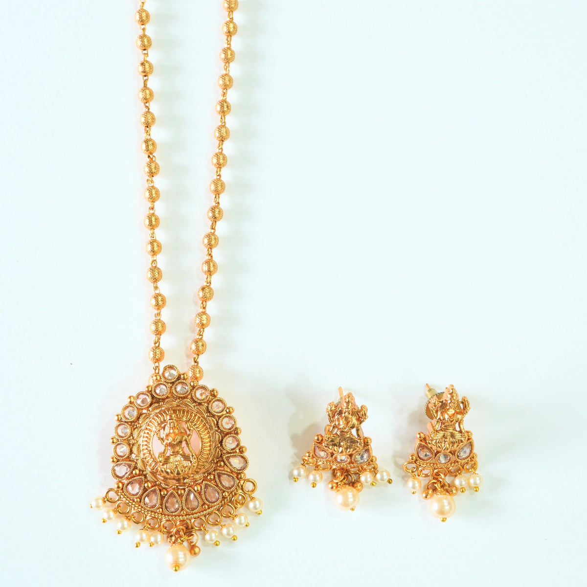 18KT Matte Gold Plated Brass Laxmi Pendant Set