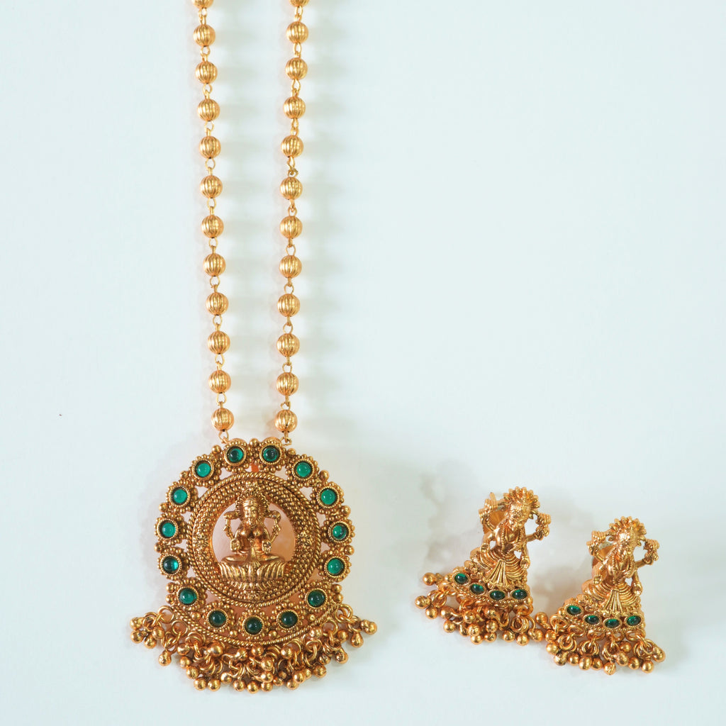 Matte Finish Gold Plated Temple Laxmi Pendant Set
