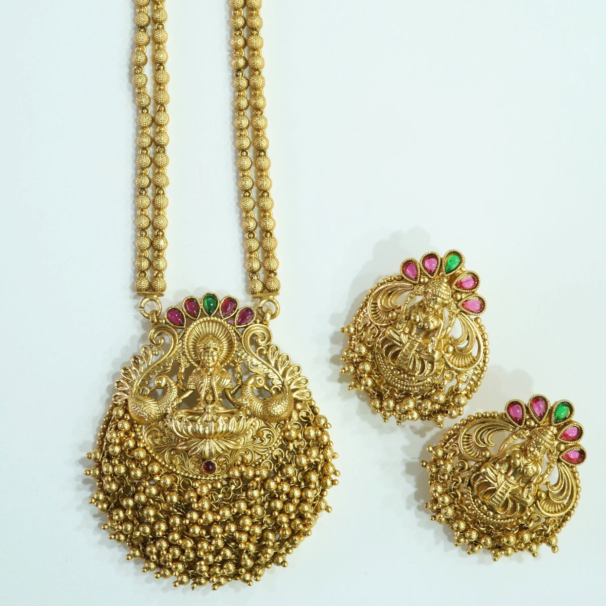Heavy Laxmi Pendant Temple Necklace Set with Stud Earrings