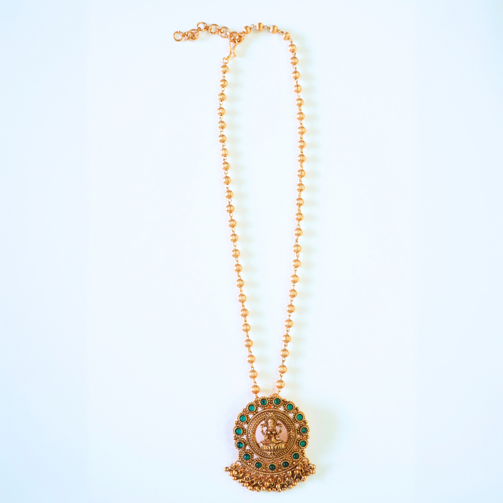 Matte Finish Gold Plated Temple Laxmi Pendant Set
