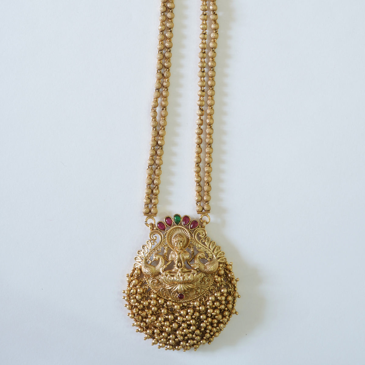 Heavy Laxmi Pendant Temple Necklace Set with Stud Earrings