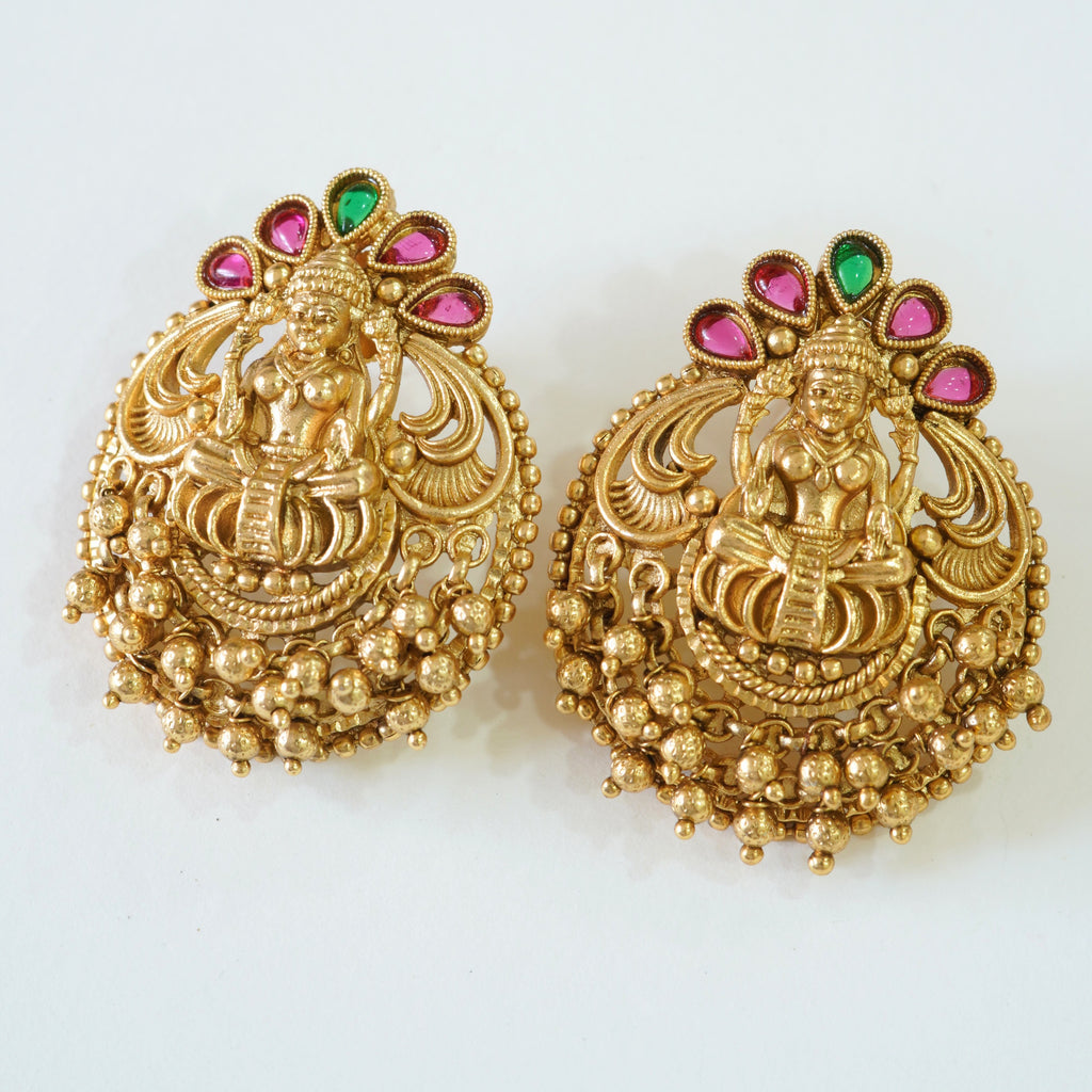 Heavy Laxmi Pendant Temple Necklace Set with Stud Earrings