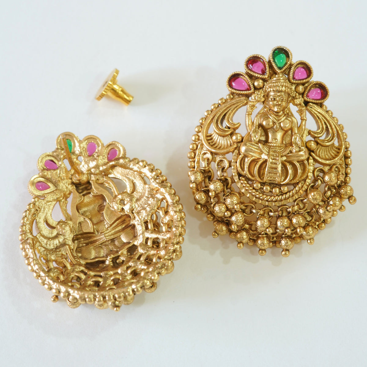 Heavy Laxmi Pendant Temple Necklace Set with Stud Earrings