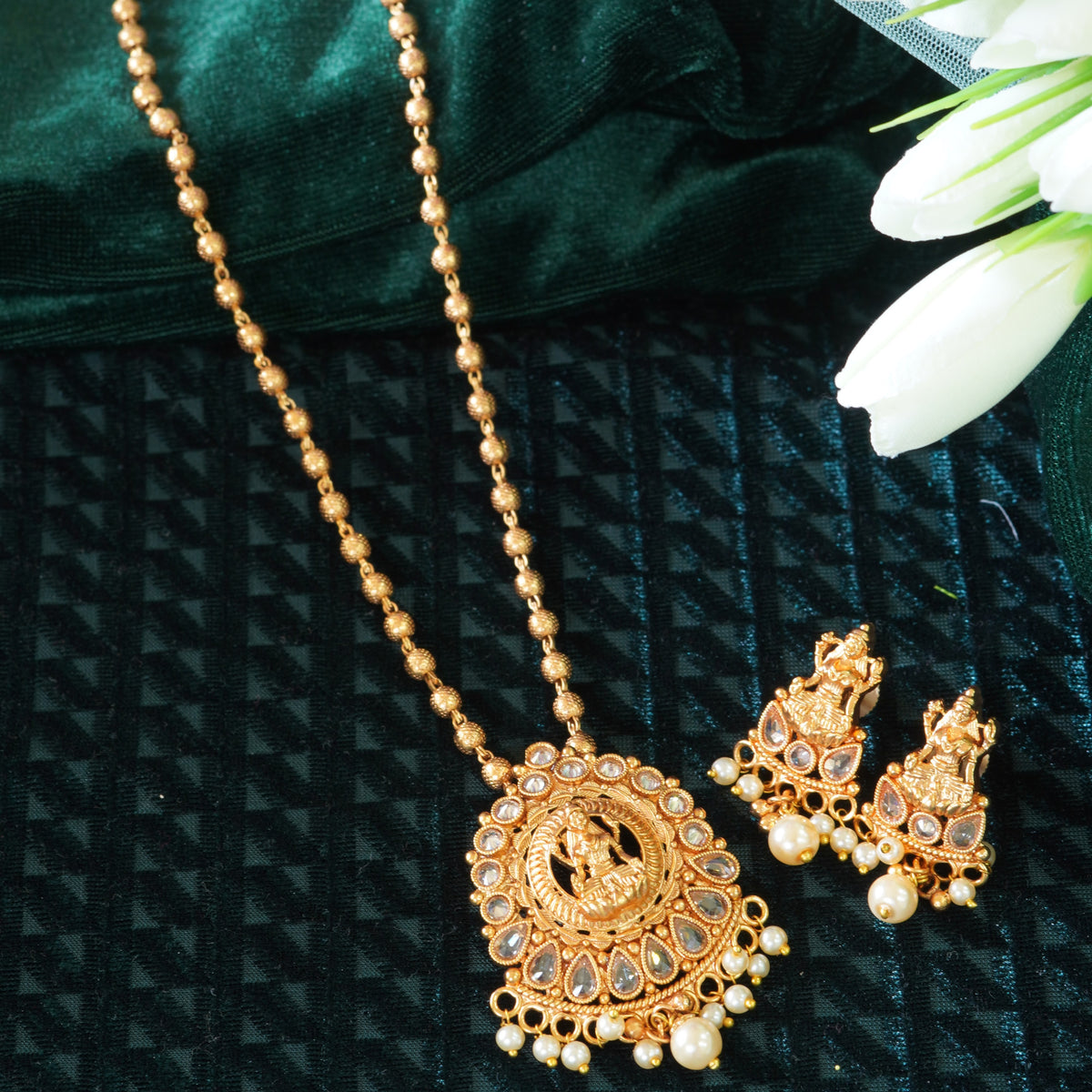 18KT Matte Gold Plated Brass Laxmi Pendant Set