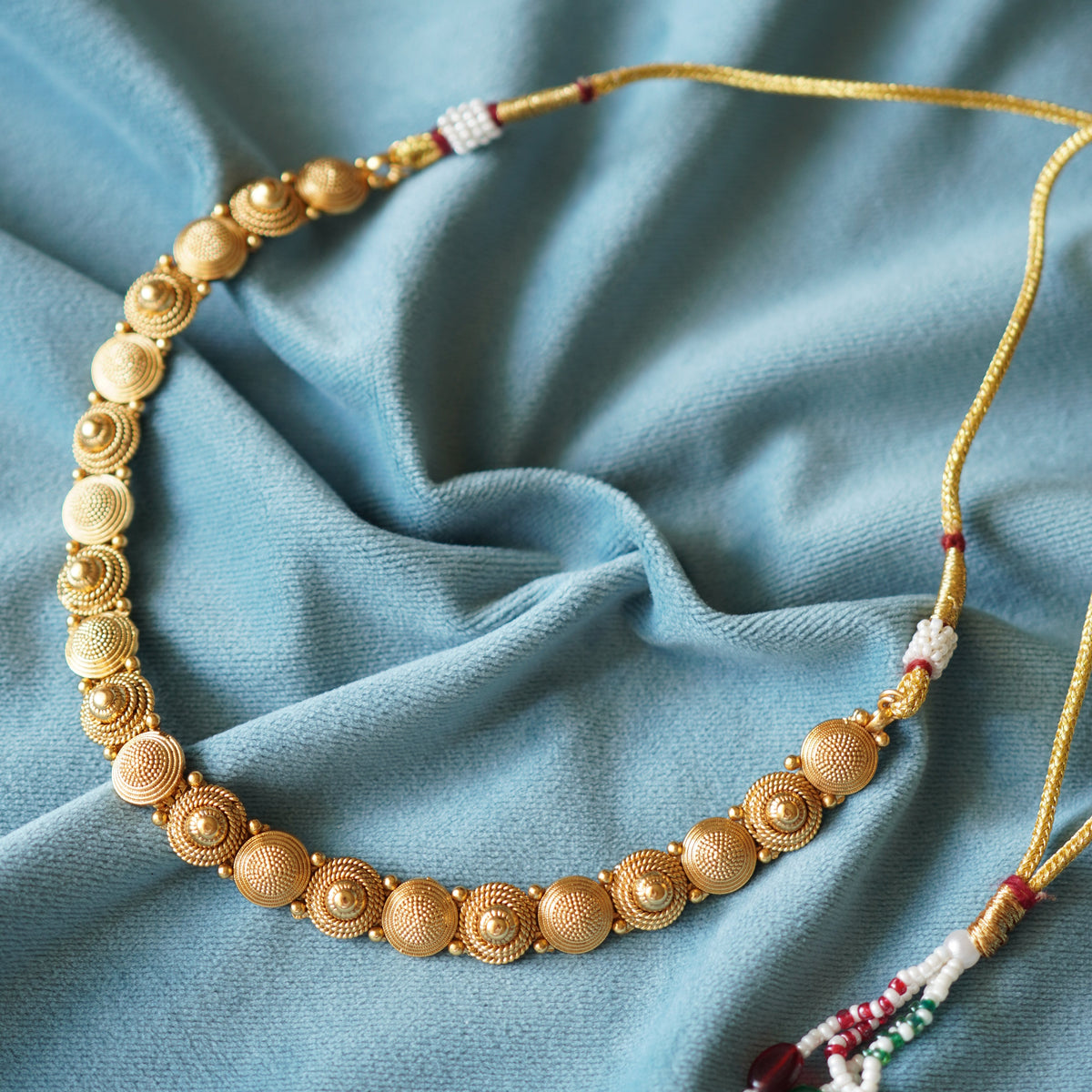 Minimal Single Layer Matte Finish Gold Plated Beaded Traditional Necklace Set