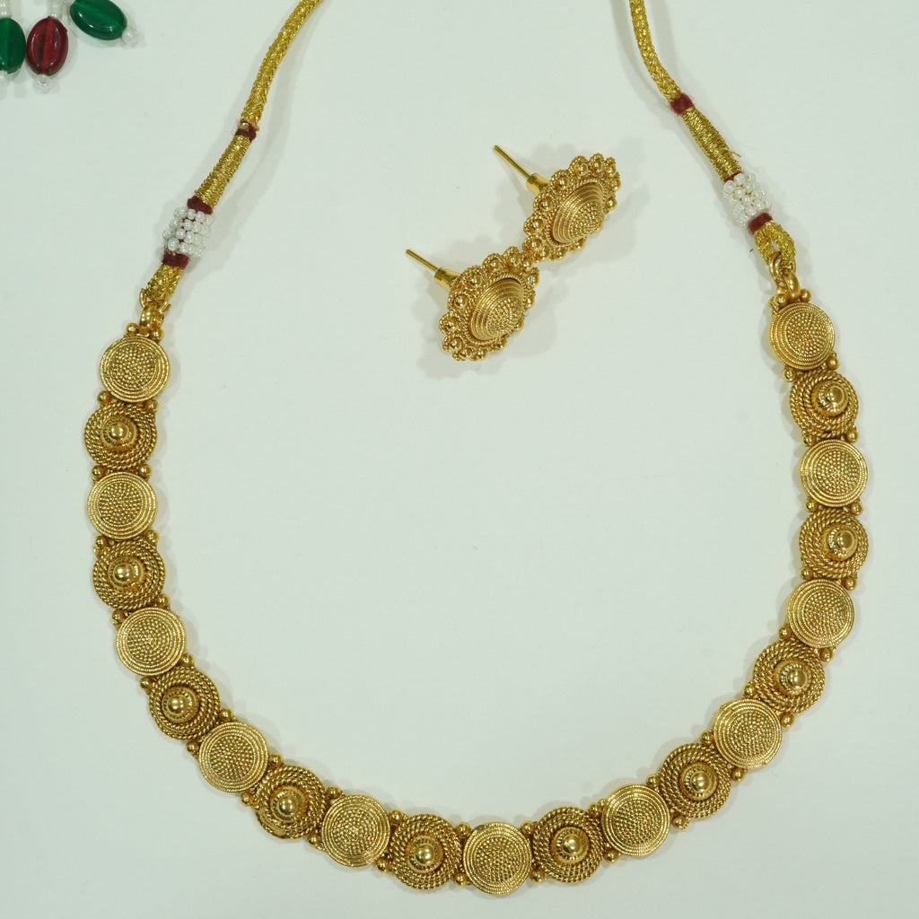 Minimal Single Layer Matte Finish Gold Plated Beaded Traditional Necklace Set