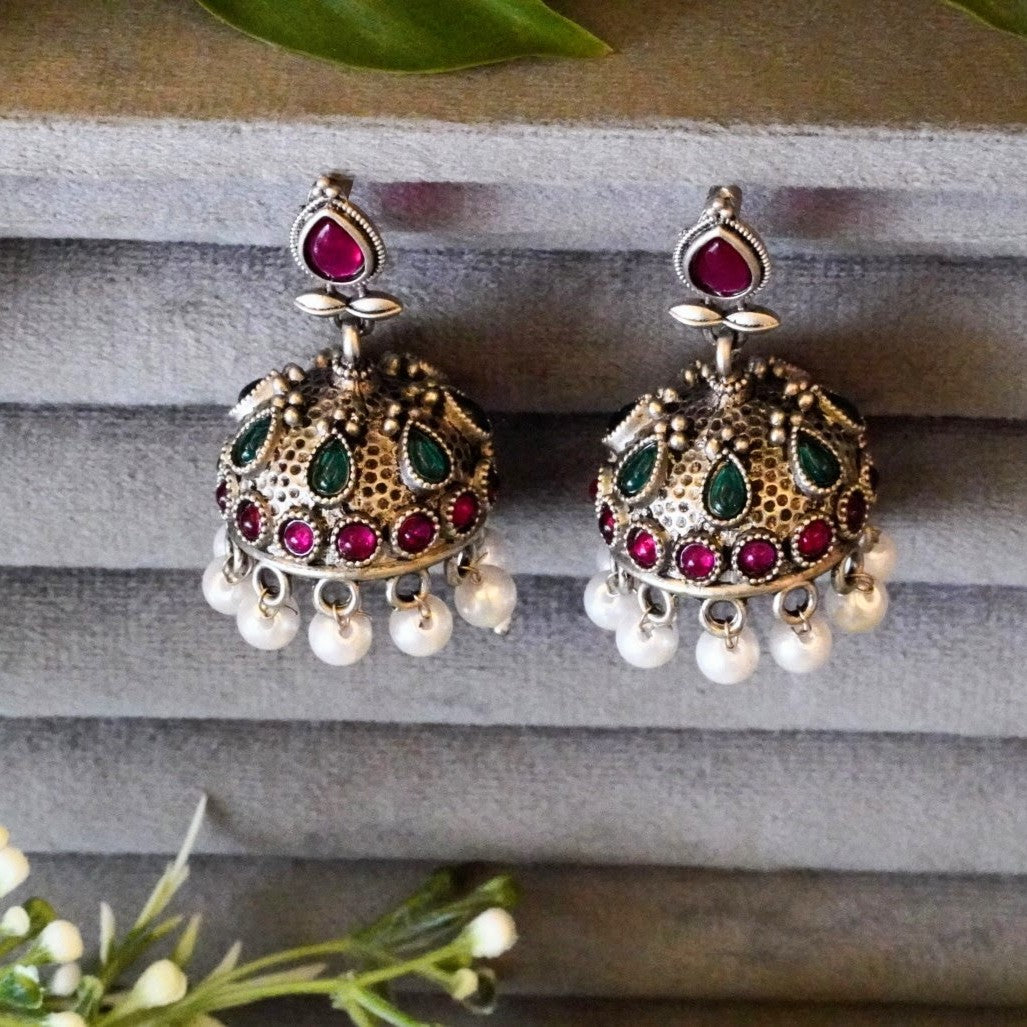 High-Look Jaipuri Stone and Pearl Studded Oxidized Jhumkas