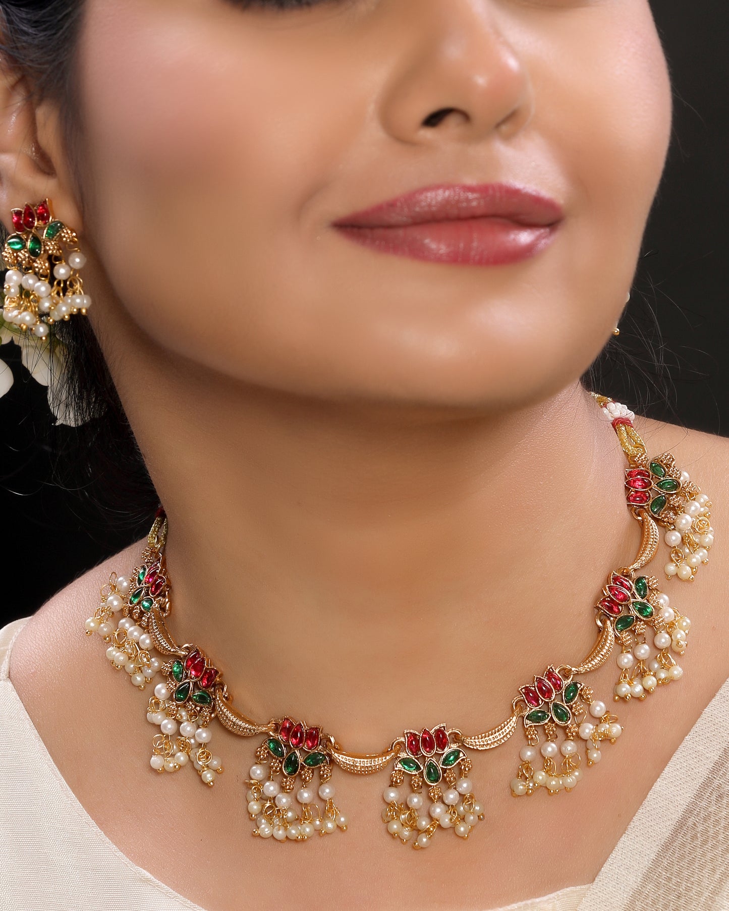 Traditional Red Green Kemp Stone and Pearls Lotus Necklace Set with Stud Earrings Gold Plated Brass Alloy