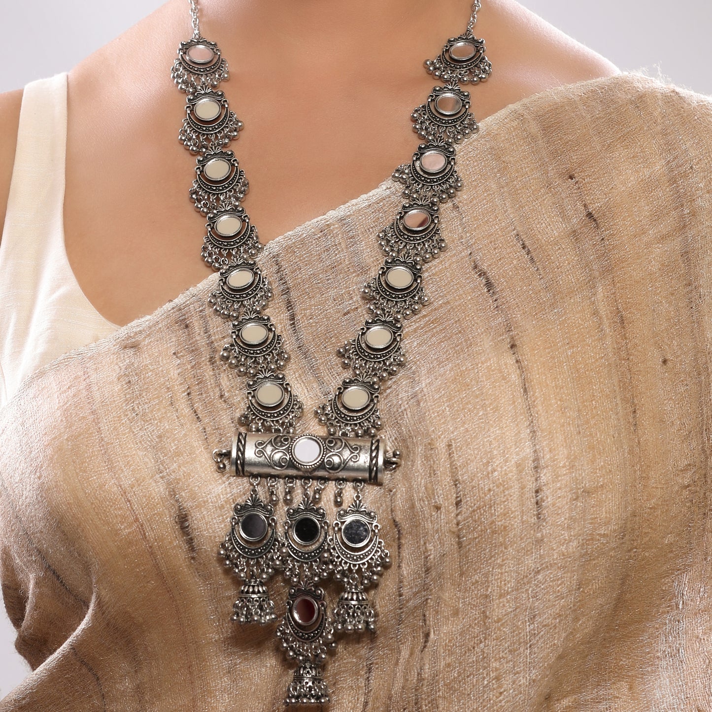 Silver Oxidized Mirror Studded Long Necklace Set with Dangler Jhumka Earrings