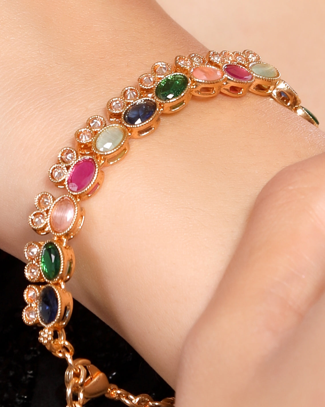 Cute Bunny Like Multicoloured Crystal Studded Linear Chain Traditional Bracelet in Brass Alloy Gold Plated