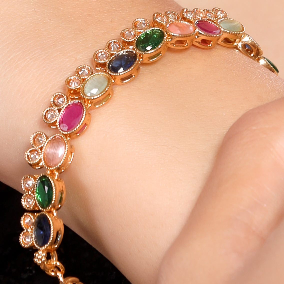 Bunny Multicoloured Crystal Linear Chain Brass Gold Plated Traditional Bracelet