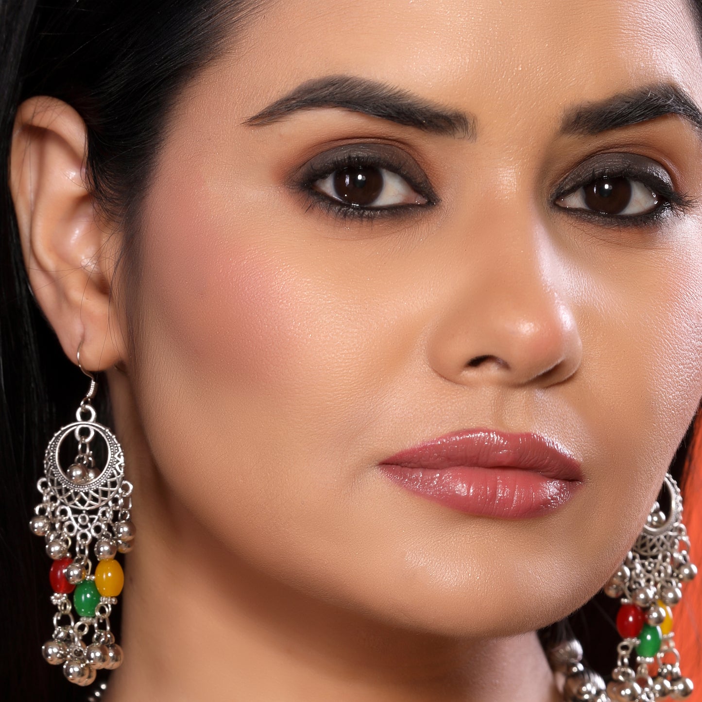 Multicolour Crystal Beaded Chandbala Pendant Silver Oxidized Necklace Set with Dangler Earrings