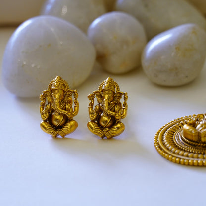 Traditional Matte Finish Gold Plated Pure Brass Ganesh Temple Pendant Set