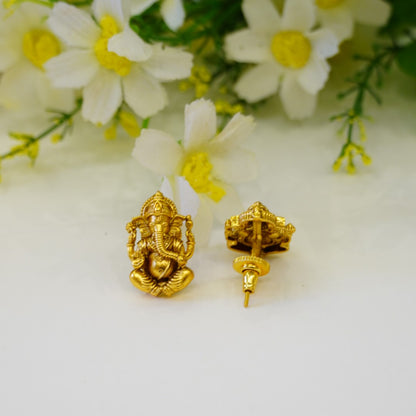 Traditional Matte Finish Gold Plated Pure Brass Ganesh Temple Pendant Set