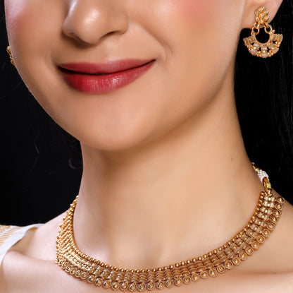 Traditional Choker Necklace Set in Matte Finish Gold Plated in Brass with Hanging Bala Earrings