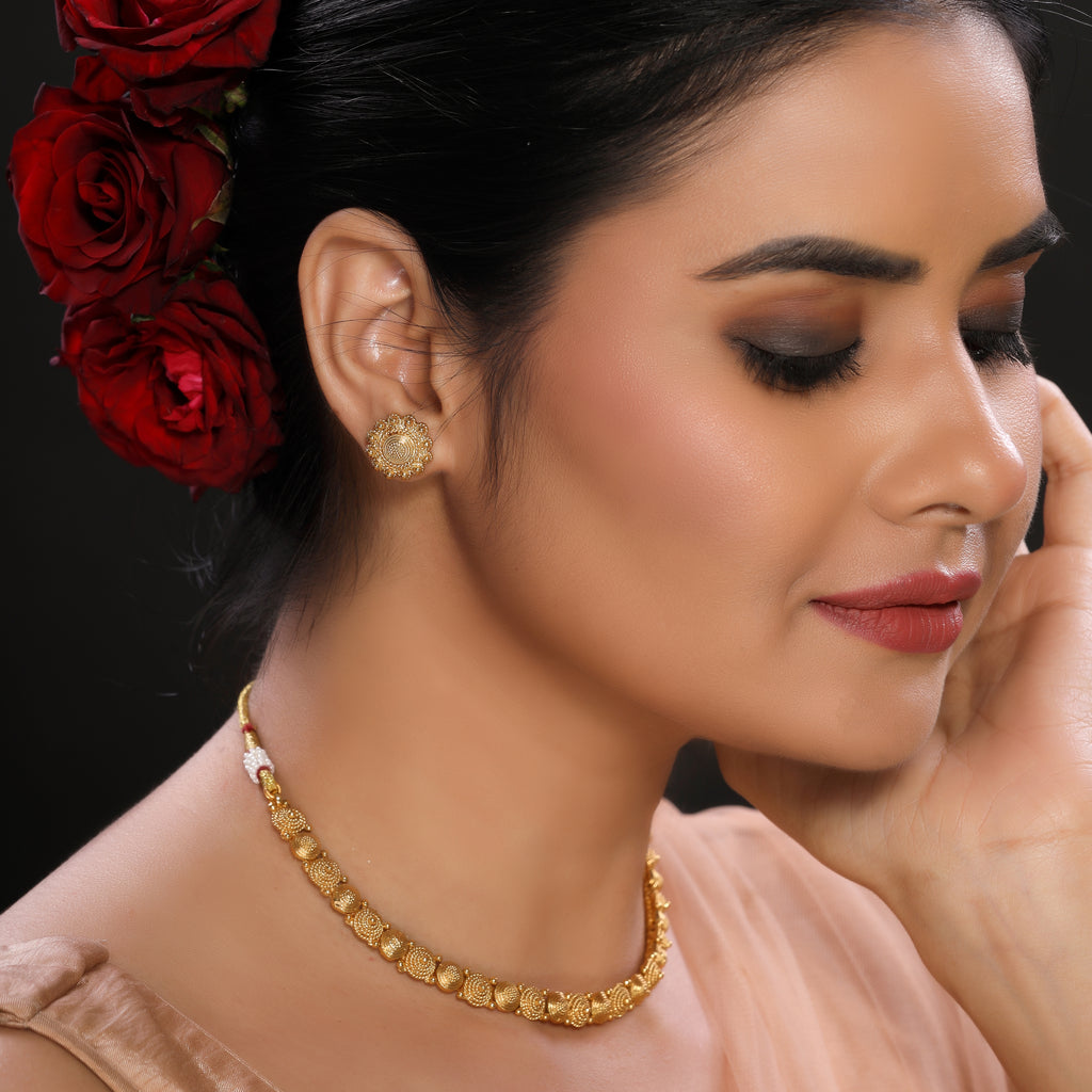 Minimal Single Layer Matte Finish Gold Plated Beaded Traditional Necklace Set