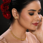 Minimal Single Layer Matte Finish Gold Plated Beaded Traditional Necklace Set