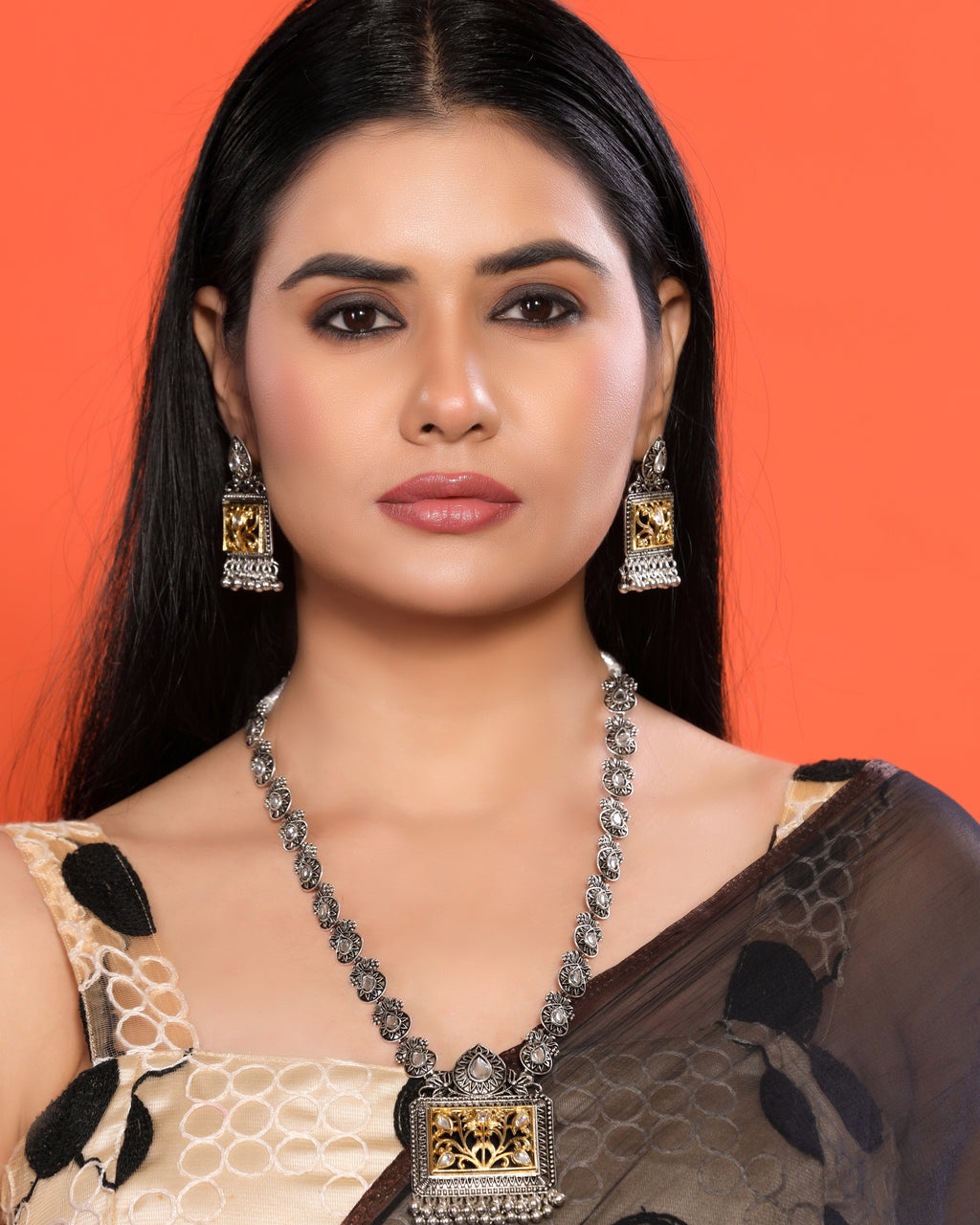 Dual Tone Oxidized Necklace with Dangler Earrings