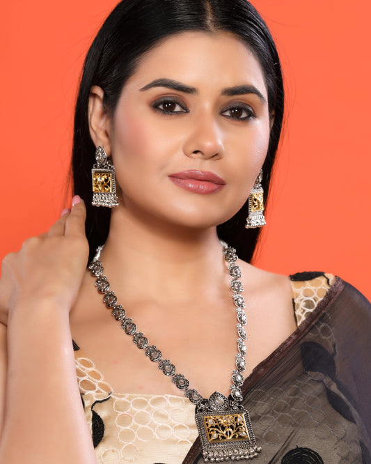 Oxidized Dual Tone Rectangular Pendant Necklace Set with Dangler Earrings