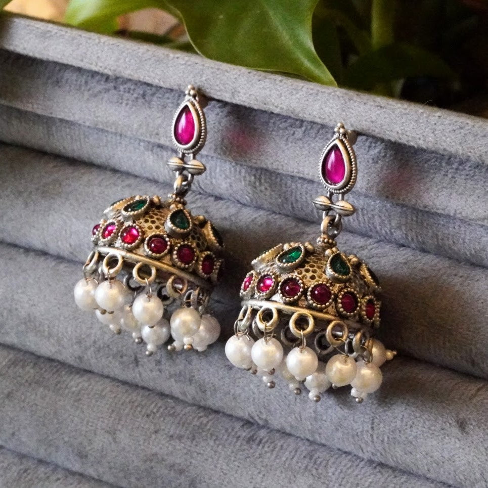 High-Look Jaipuri Stone and Pearl Studded Oxidized Jhumkas