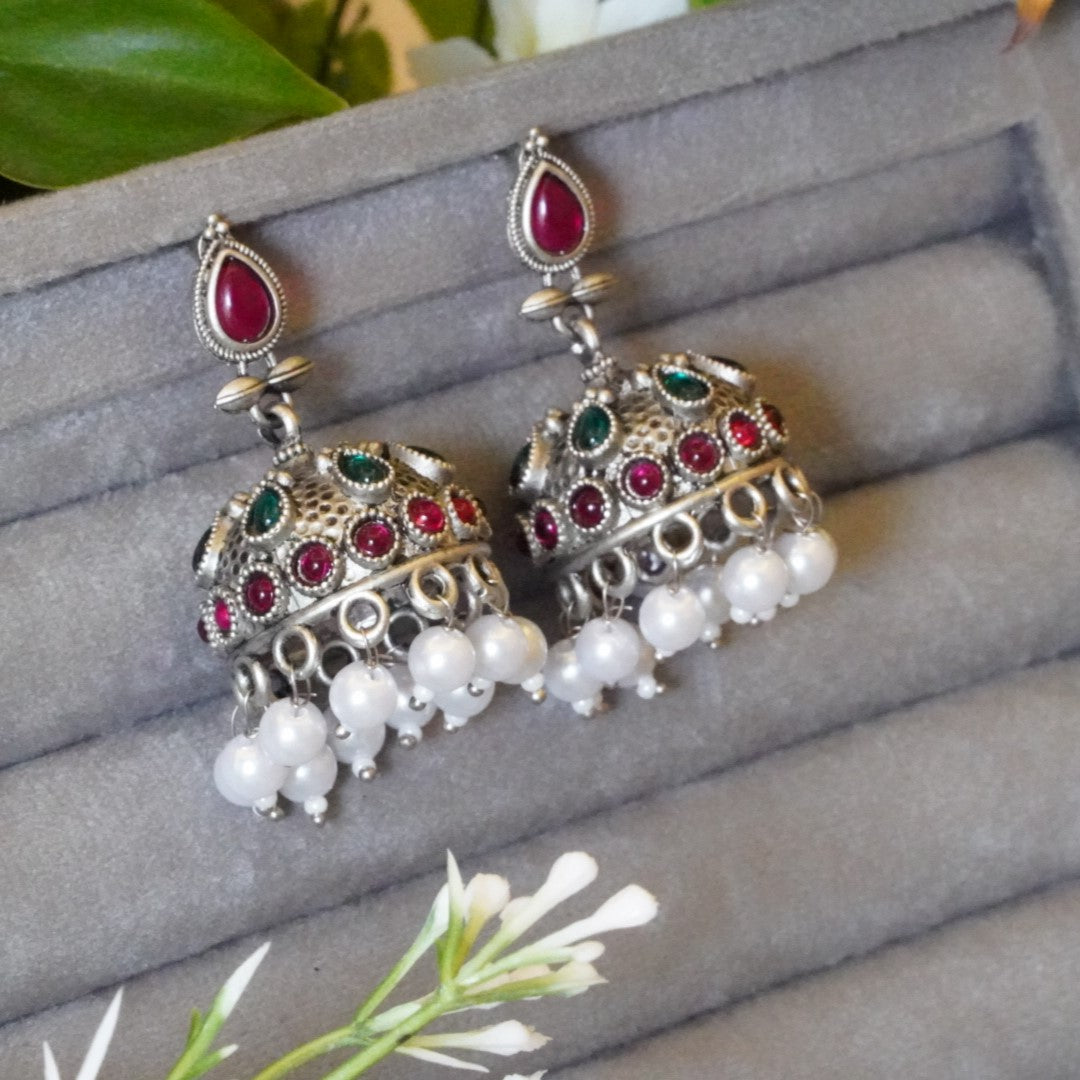 High-Look Jaipuri Stone and Pearl Studded Oxidized Jhumkas