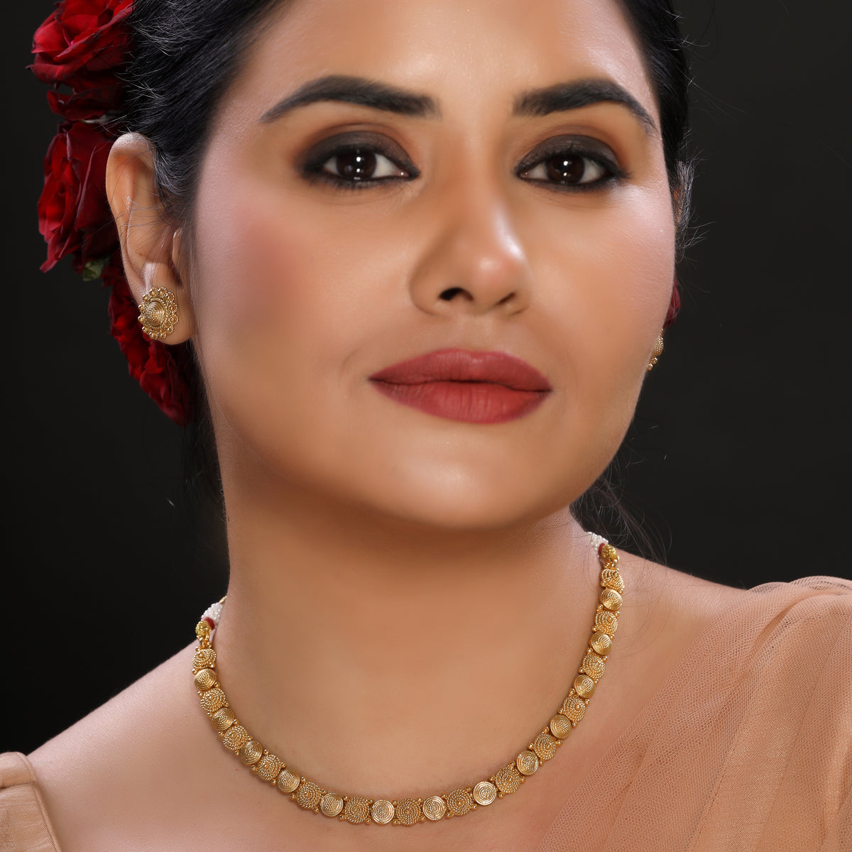 Minimal Single Layer Matte Finish Gold Plated Beaded Traditional Necklace Set