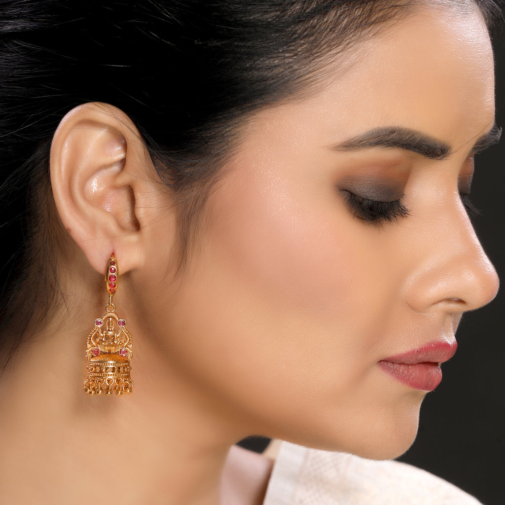 Radiant Linear Faux Ruby Studded Laxmi Jhumka Earrings