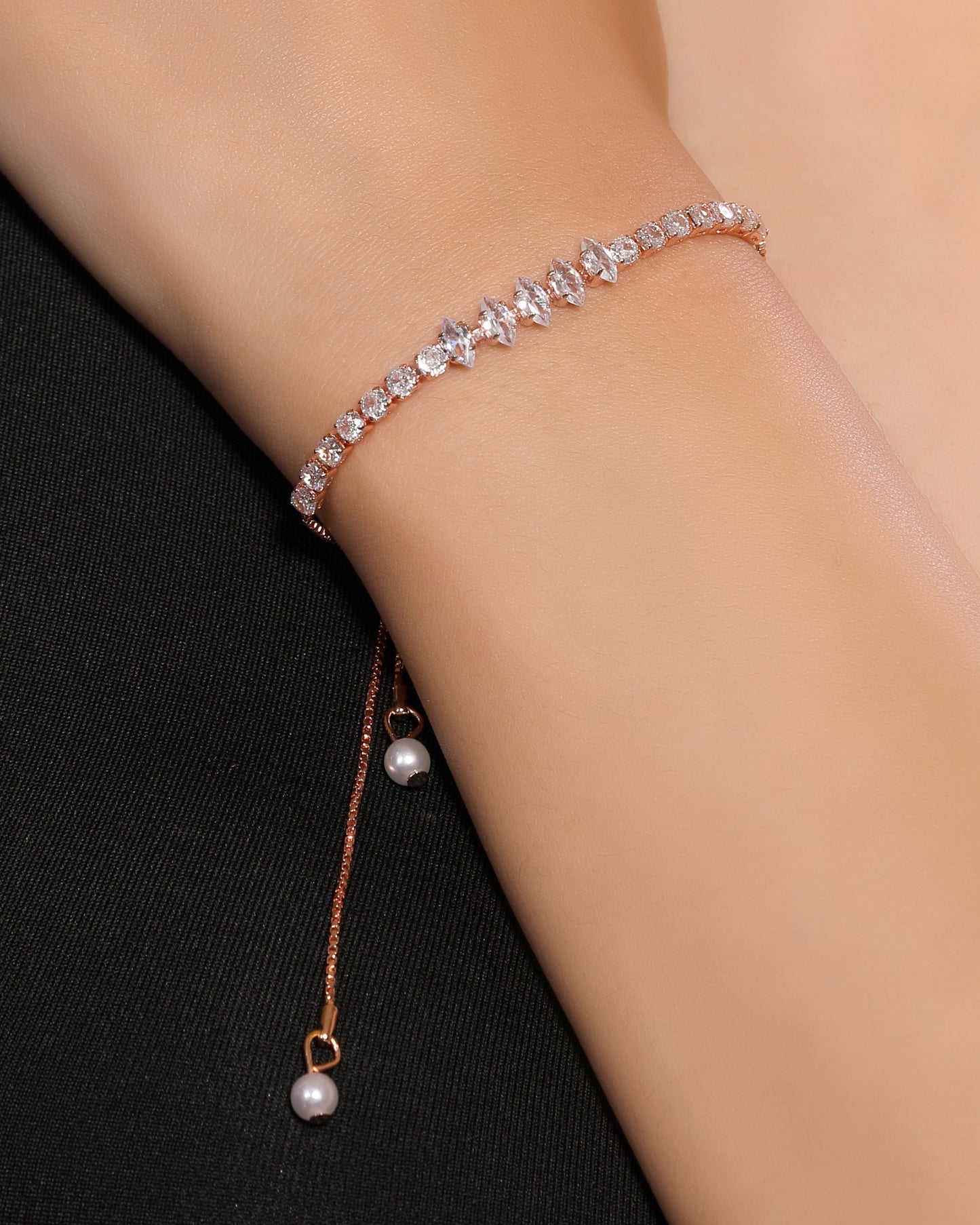 Five Leafy Crystals with 5A Zirconia Studded Rose Gold Plated Stainless Steel Linear Chain Bracelet