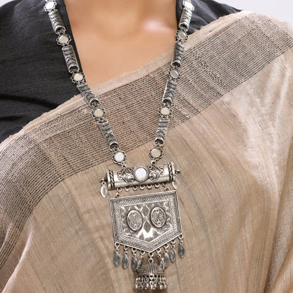 Mirror Studded Intricate Design Heavy Pendant Long Silver Oxidized Necklace Set with Jhumka Earrings