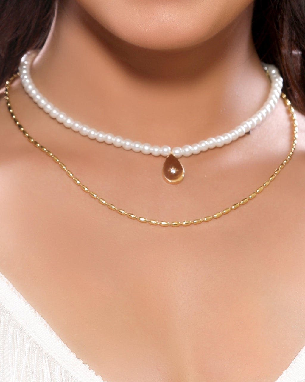 Multilayer Beaded Gold Chain Western Necklace with Bold Drop