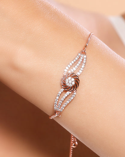 5A Zirconica Studded Rose Gold Plated Stainless Steel Floral Leady Pattern Chain Bracelet