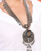 Long Mirror Studded Oxidized Necklace Set with Dangler Earrings