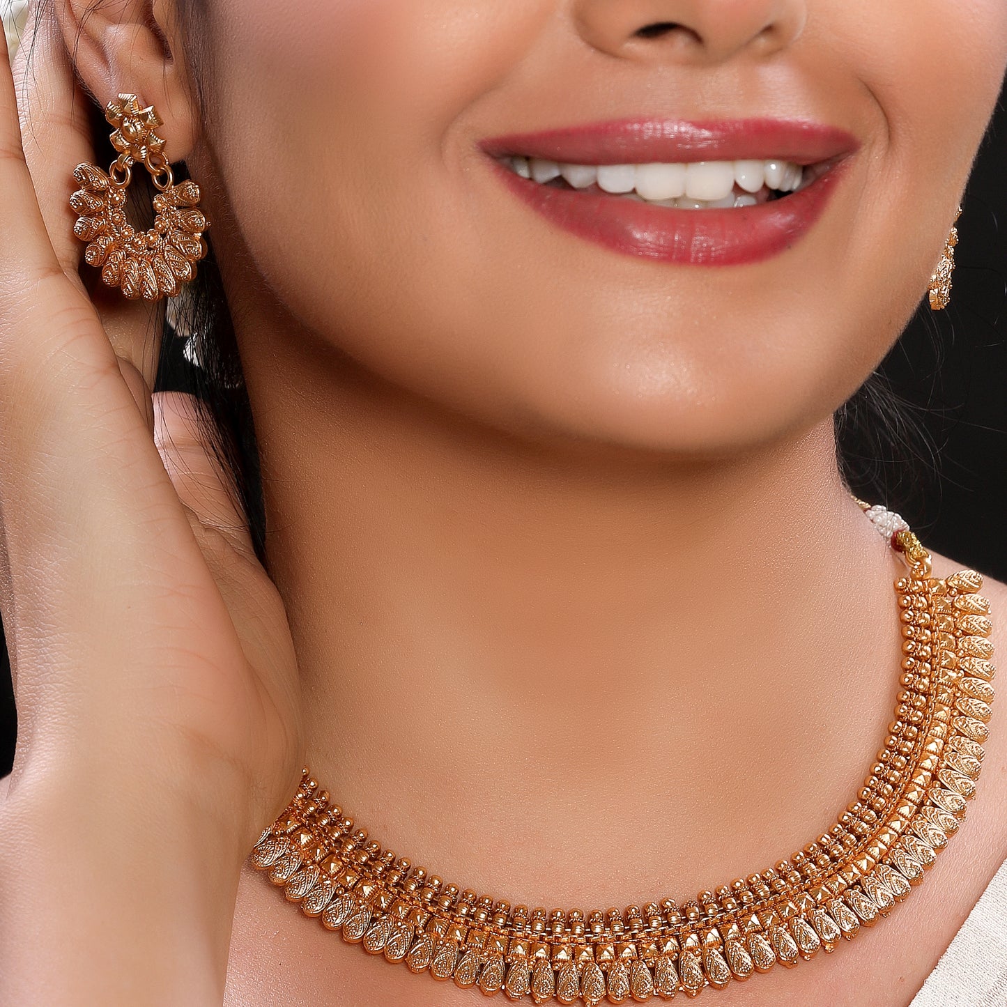 Antique Gold Plated Matte Finish Traditional Choker Necklace Set in Copper with Hanging Bala Earrings