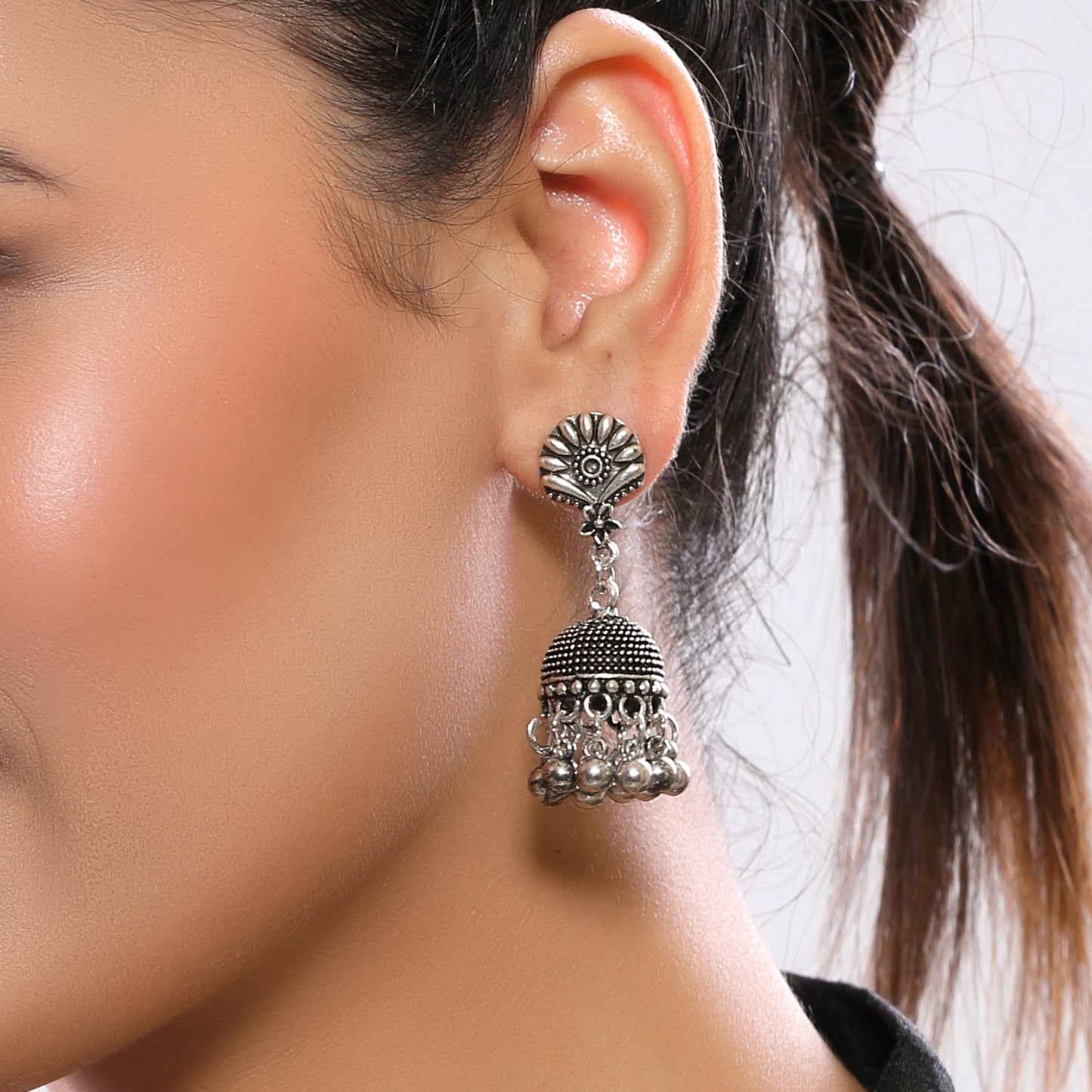 Mirror Studded Intricate Design Heavy Pendant Long Silver Oxidized Necklace Set with Jhumka Earrings