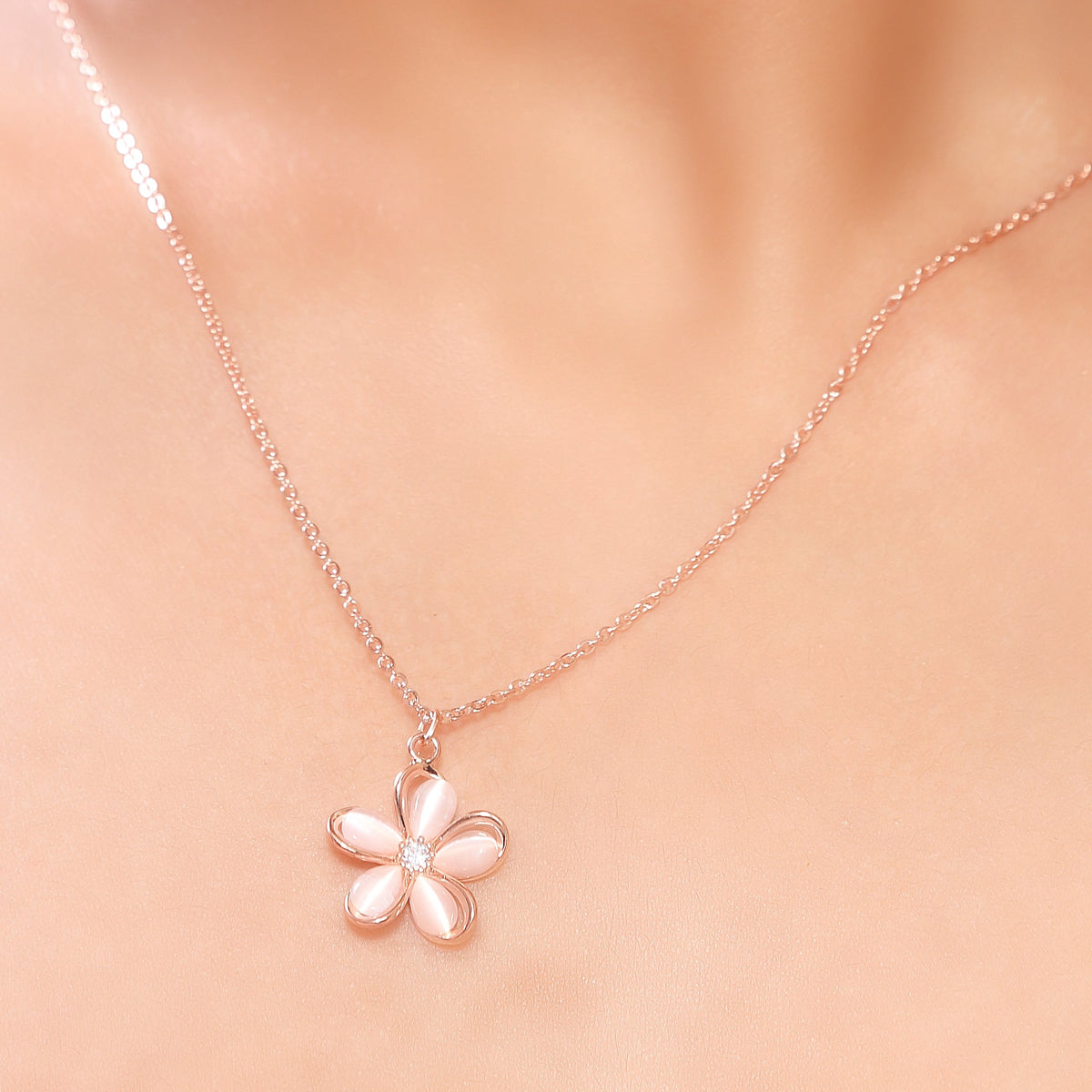 Mother of Pearl and Zirconia Floral RoseGold SS Necklace set with Stud Earrings
