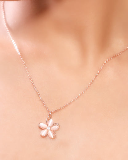 Mother of Pearl and Zirconia Studded Floral Delicate Necklace set with Stud Earrings in Rose Gold Plating Stainless Steel