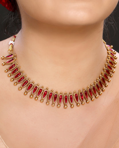 Antique Conical Red Kemp Stone Studded Beaded Matte Finish Gold Plated Traditional Necklace Set with Stud Earrings