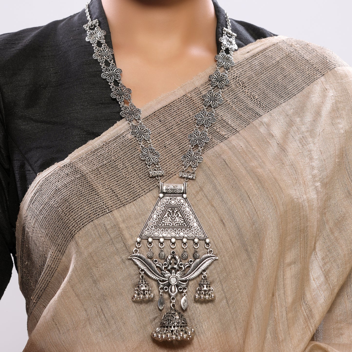 Floral String Long Silver Oxidized Necklace Set with Jhumka Earrings