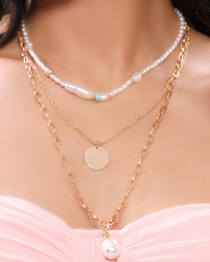 Three Layered Multilayer Western Stainless Steel Anti-tarnish Gold Plated Necklace with Beaded Linked and Regular Chain