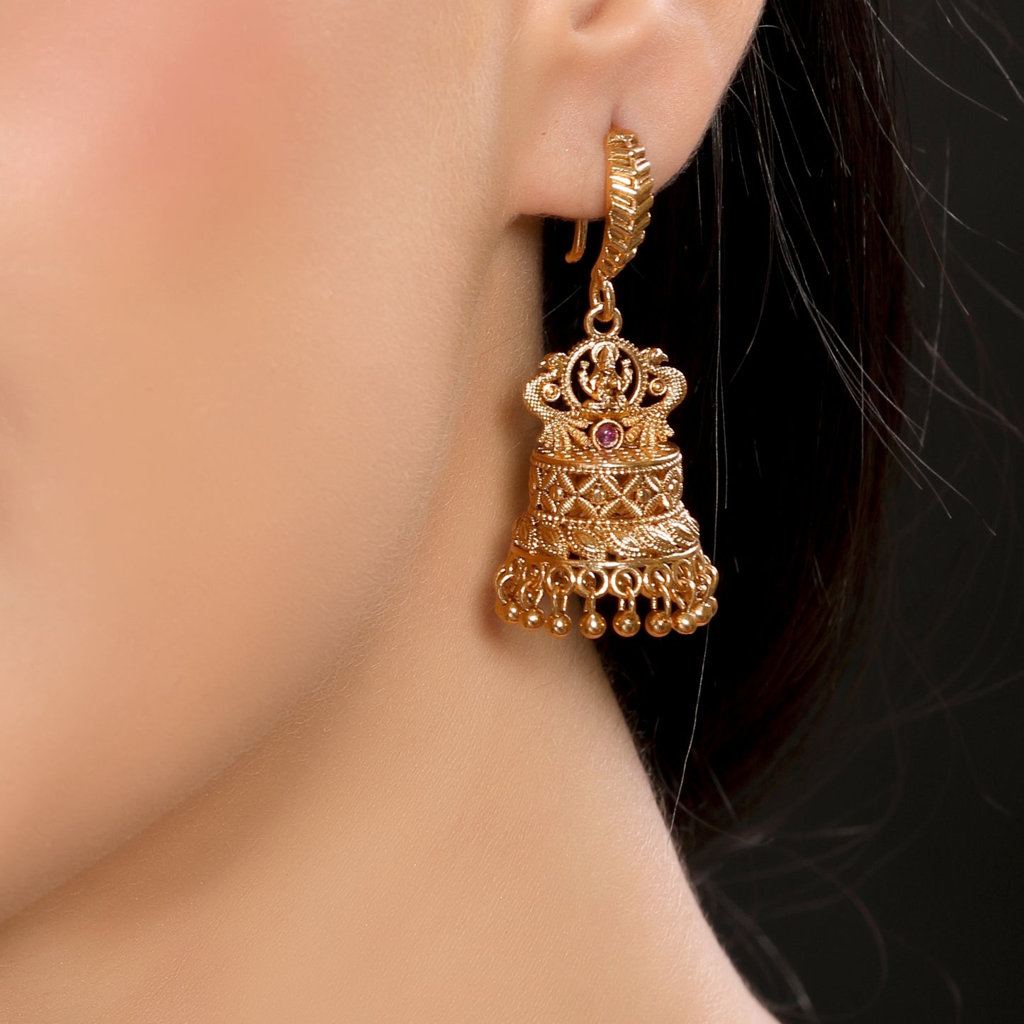 Linear Traditional Temple Brass 22KT Gold Plated Matte Finish Laxmi Jhumka Earring