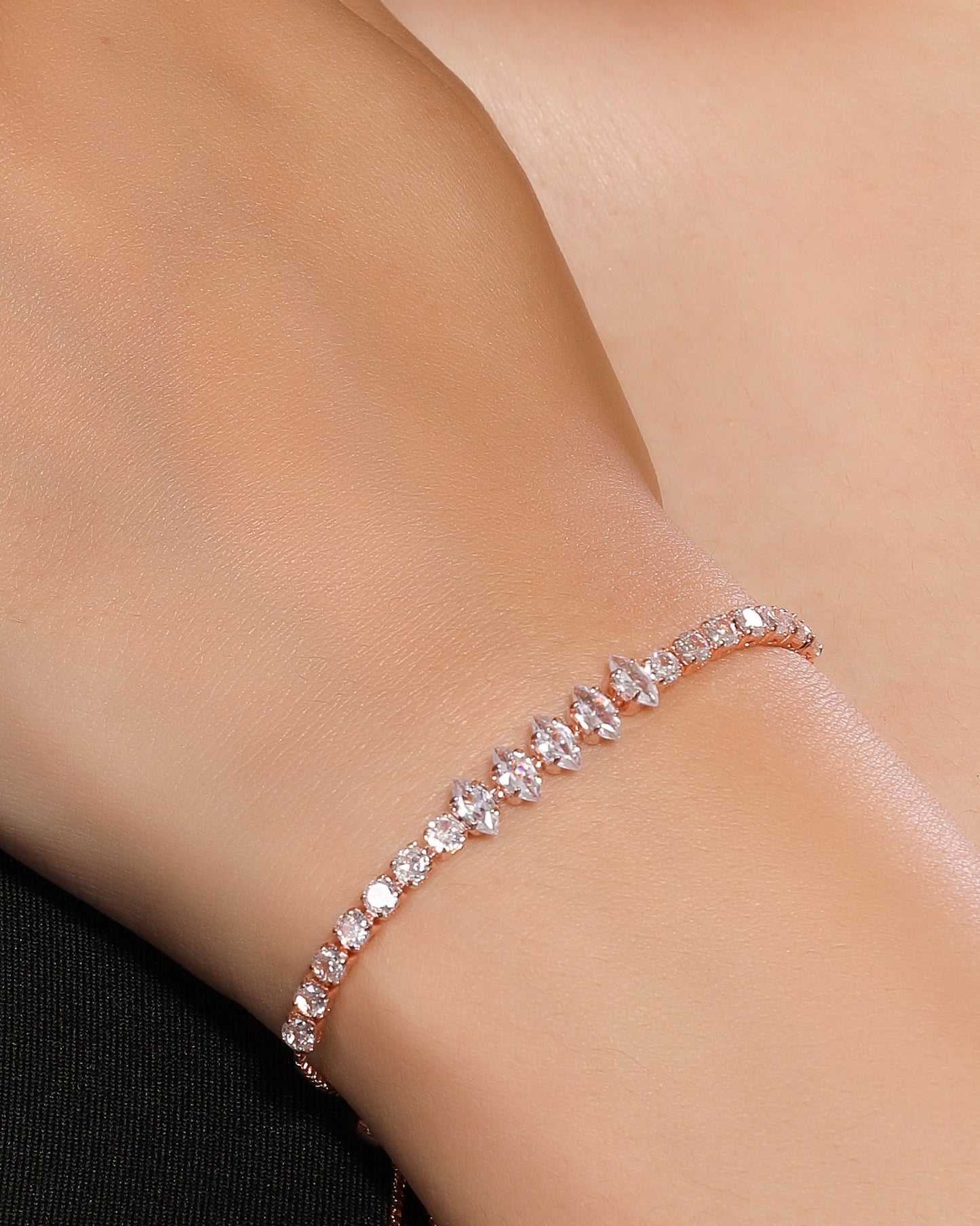 Five Leafy Crystals with 5A Zirconia Studded Rose Gold Plated Stainless Steel Linear Chain Bracelet