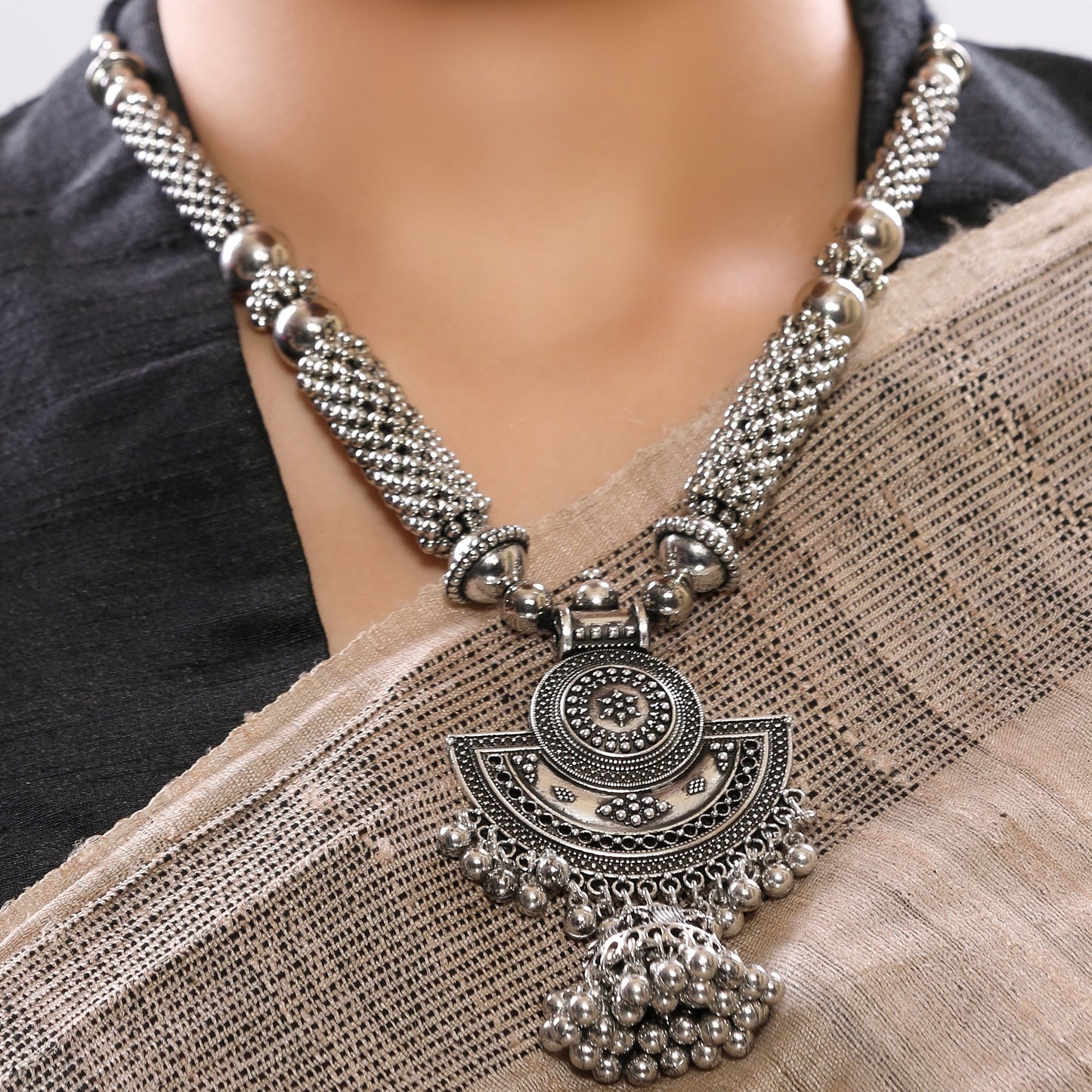 IndoWestern Silver Oxidized Jhumka Necklace Set with Earrings